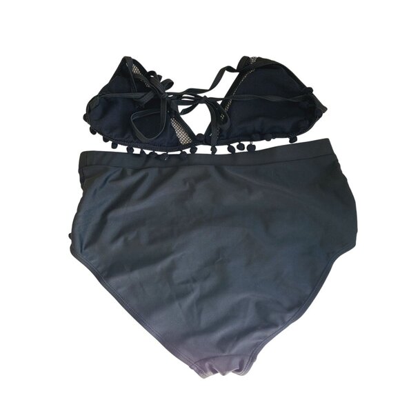 Women's Swimwear Black Bikini Set With Pom Pom Trim & Mesh Detail Size XL - Picture 2 of 10